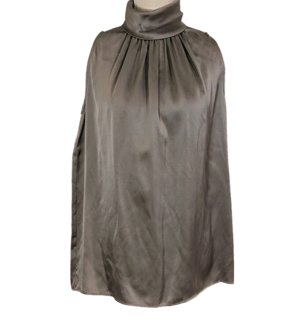 Vince Women's Sz 10 Blouse 100% Silk Dark Taupe Sleeveless Stand Color Luxury